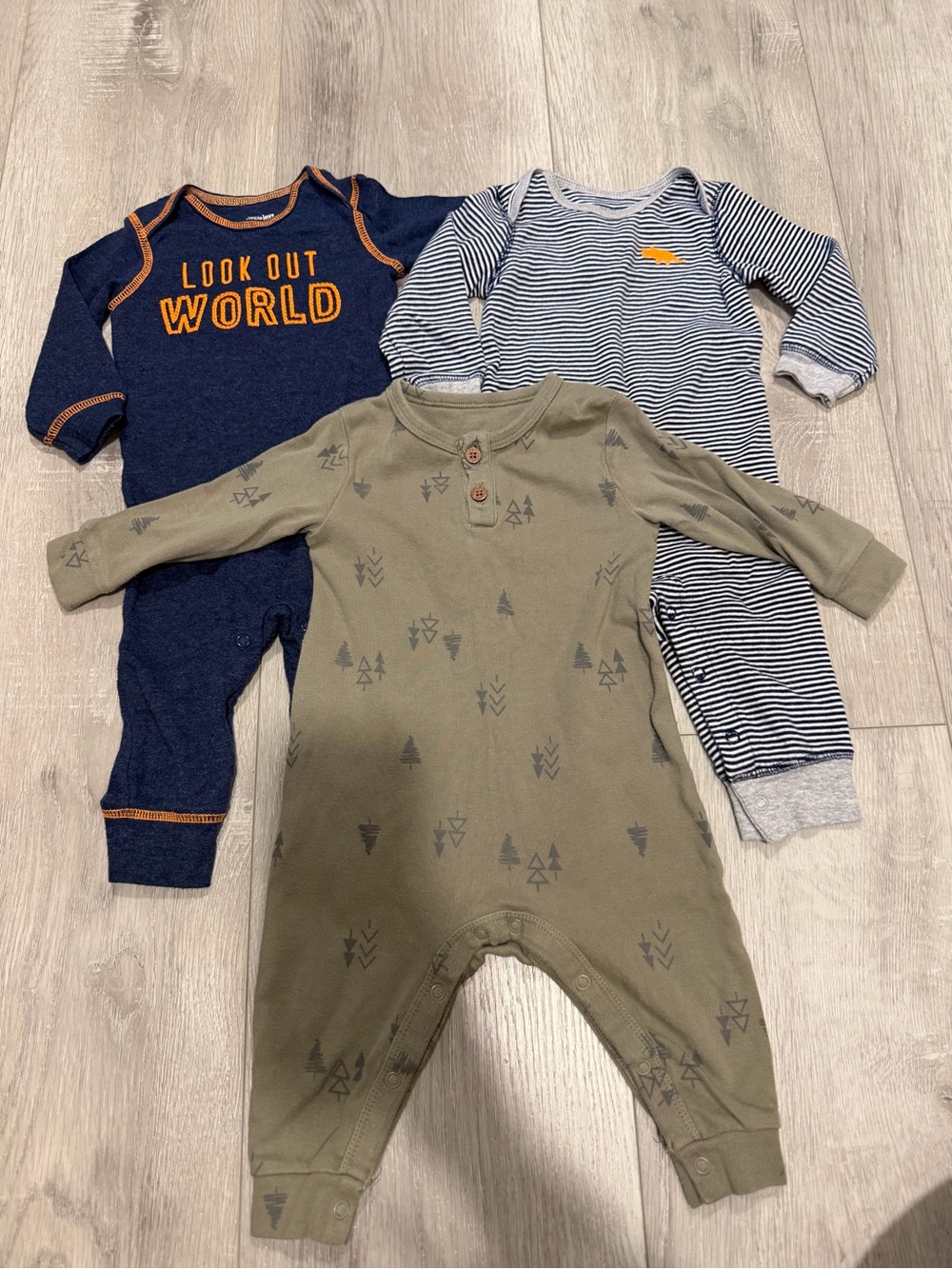 Carter's Olive Green Forest Print One-Piece with Navy & Striped Bonus